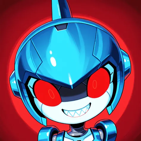 2d, Minus8, robot girl, machine, mechanical, shark icon, humanoid, beautiful, female, cute, vibrant, blue metal, cyan metal, horny, lewd, red eyes, front face, grin, very-wide fov, teeth, dark bright red background.