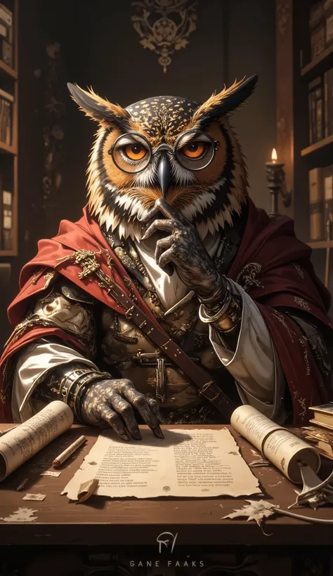 Owl Writing New Laws
Vertical image of an old wise owl, wearing tiny glasses, writing a new "Animal Constitution" on ancient scrolls.

