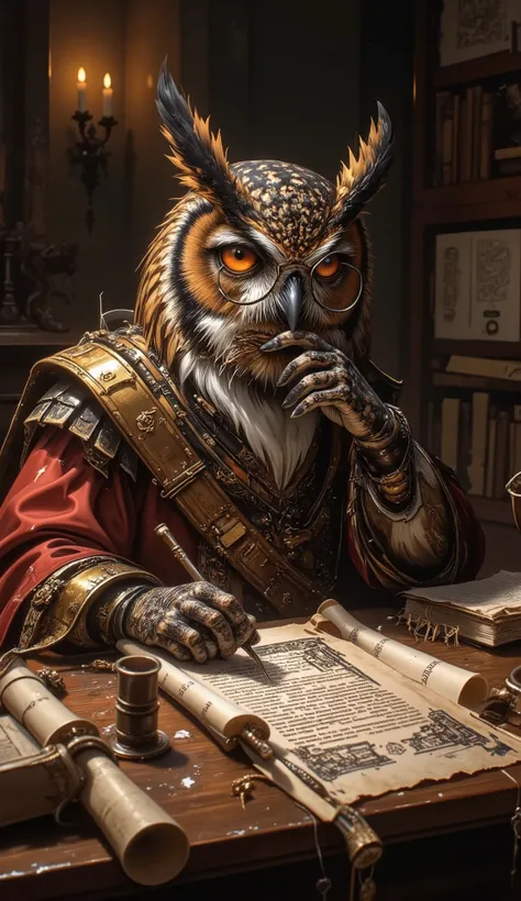 Owl Writing New Laws
Vertical image of an old wise owl, wearing tiny glasses, writing a new "Animal Constitution" on ancient scrolls.

