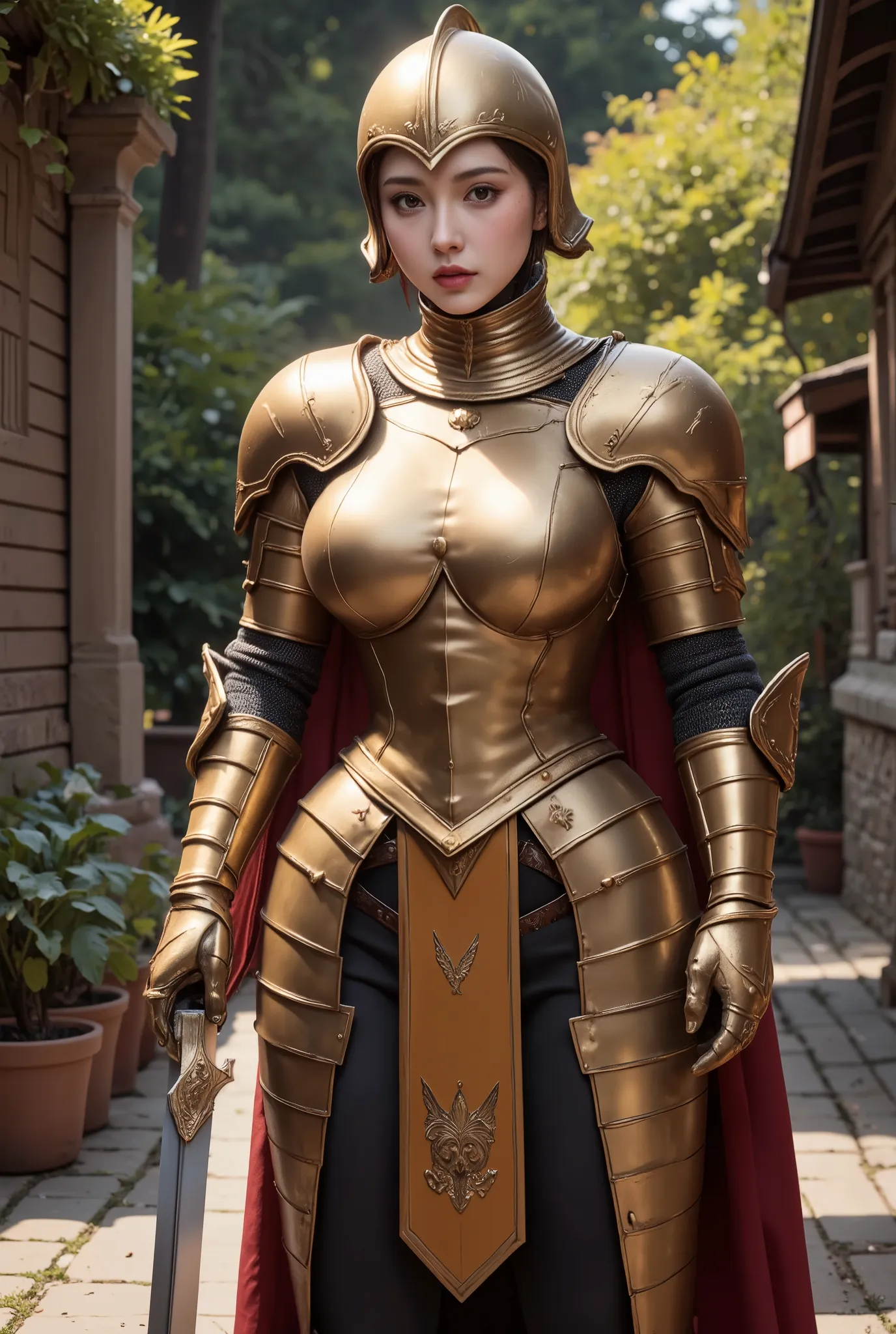 Women like Joan of Arc、Knights, golden armour,Gold Armor,With a sword and shield,Royal style,Comic style, , Sub-surface scattering, ornate detail, nature backdrop, Hyper-realistic, Cinematic, Dramatic Lighting, masutepiece、Armor and helmet with wolf motif、...