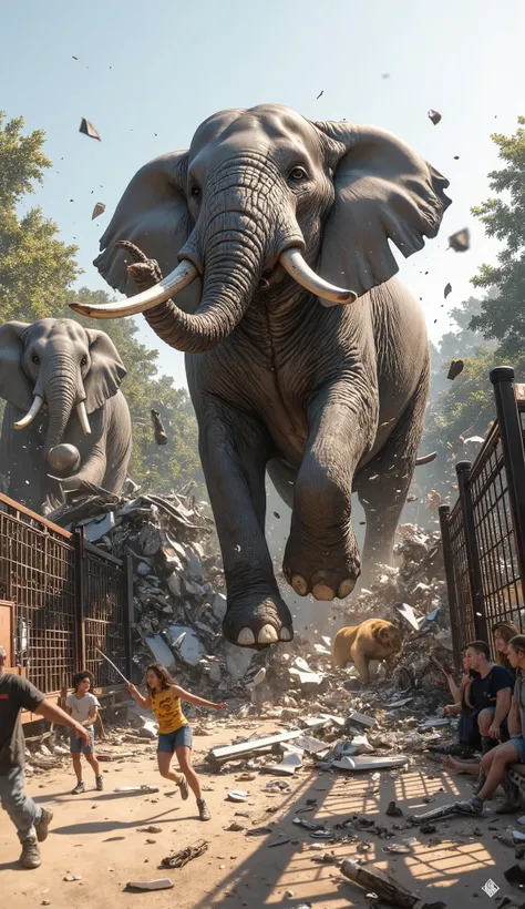Elephants Destroying Zoos
Photorealistic vertical image of elephants tearing down metal fences of a zoo, freeing other animals while humans run away.