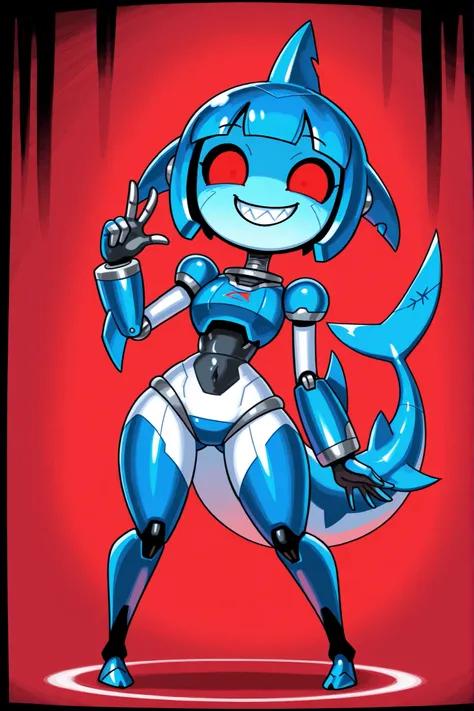 2d, Minus8, robot girl, shark girl, machine, posing, mechanical, shark full body, big tail, mechanical body, fins, humanoid, beautiful, female, cute, vibrant, blue metal, cyan metal, metallic, horny, lewd, red eyes, front face, grin, very-wide fov, teeth, ...