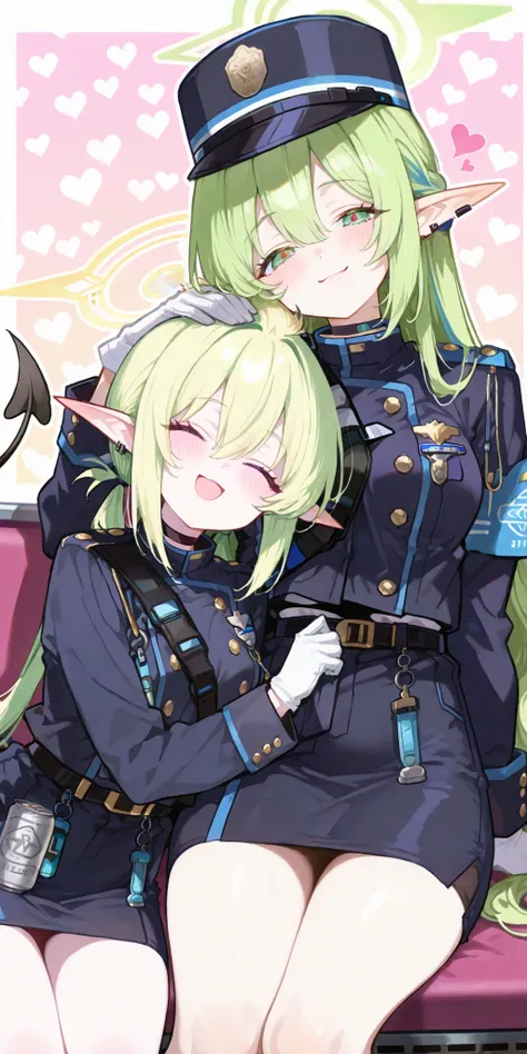 Two girls,train attendant uniform,green hair,pointed elf ears,black heart tip tail, (girl1:blue archive Tachibana Hikari long hair,girl2:blue archive Tachibana Nozomi,long twin pony tail hair,playful expression),sitting,side hug,make out,blissful,happy Smi...