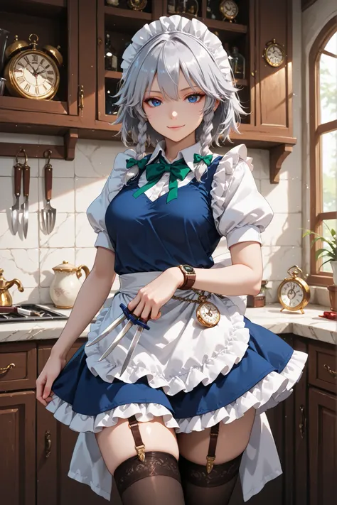 izayoi sakuya, 1girl, ribbon, bow, watch, green bow, pocket watch, hair bow, clock, knife, waist apron, short hair, frills, short sleeves, puffy short sleeves, maid headdress, holding, apron, frilled apron, green ribbon, thighhighs, braid, grey hair, twin ...