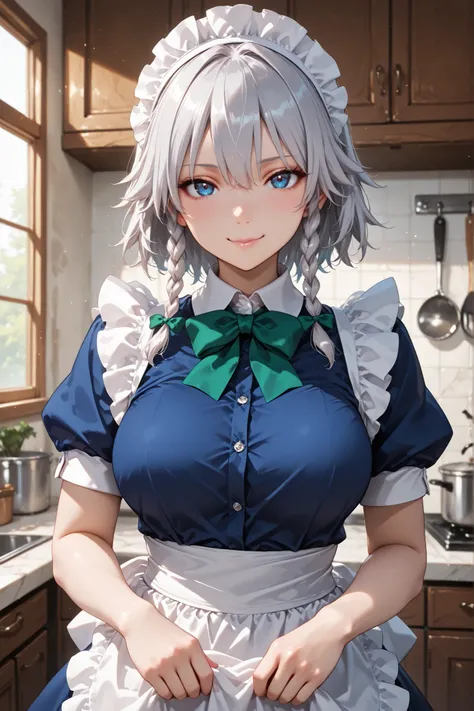 1girl, solo, Sakuya Izayoi, blue maid outfit, white apron, white maid headband, silver hair, two braided hair, short hair, blue eyes, blue eyes, green ribbons , green bowtie, in the kitchen, looking at the viewer, piercing gaze, very attractive, beautiful...