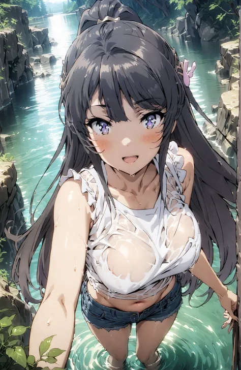 Mai Sakurajima, black hair, hair ornament, purple eyes in gla,side lock with s2 co,ponytail,Big Breasts,smile,blush,open your mouth,standing,tank top,tank topの裾を縛る,belly button out,denim micro shorts,see through,wet hair,wet clothes,wet skin,river遊び, playi...