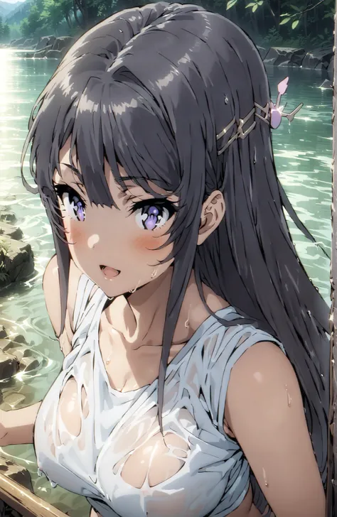 Mai Sakurajima, black hair, hair ornament, purple eyes in gla,side lock with s2 co,ponytail,Big Breasts,smile,blush,open your mouth,standing,tank top,tank topの裾を縛る,belly button out,denim micro shorts,see through,wet hair,wet clothes,wet skin,river遊び, playi...