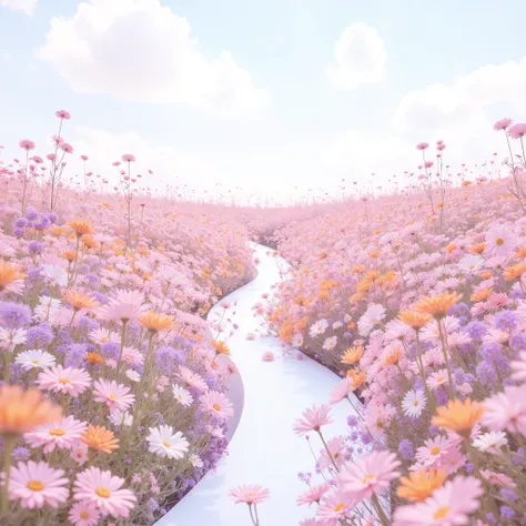 "White 배경.colorful small flowers bloom to create a flower path. The flowers are arranged from the bottom of the pink, Orange, White, It creates a bright and fantastic atmosphere with various colors such as yellow. The entire scene is dreamy and fairytale-l...