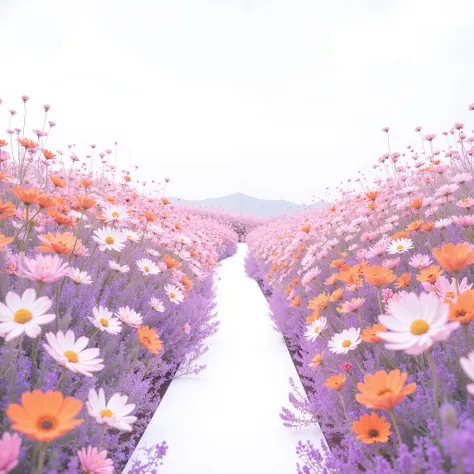 "White 배경.colorful small flowers bloom to create a flower path. The flowers are arranged from the bottom of the pink, Orange, White, It creates a bright and fantastic atmosphere with various colors such as yellow. The entire scene is dreamy and fairytale-l...