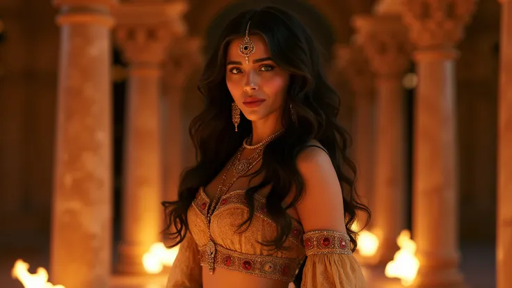 A stunning portrayal of a 26-year-old Arabian beauty with voluminous ,full body black wavy hair and enchanting emerald green eyes that seem to draw you in. She is positioned gracefully against a backdrop of ancient Indian pillars, dressed in a vibrant crem...