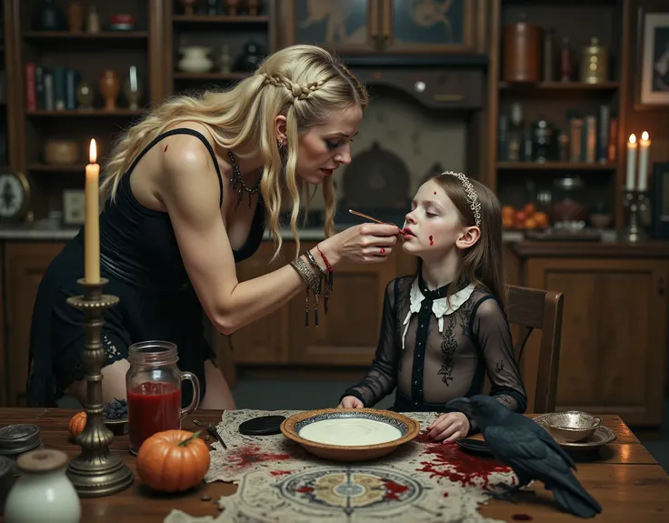 Swedish woman and a girl she is babysitting, at a kitchen table, traditional furnishings, woman is feeding the girl thick white vanilla yogurt, with her fingers and hands, the yogurt is poring down the girl's chin and onto her blouse, girl is in a trance, ...