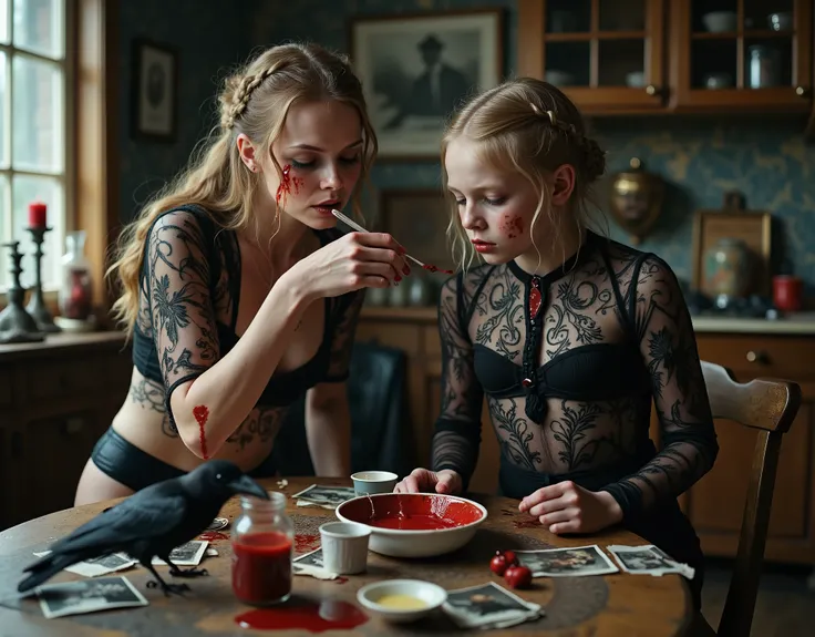 Swedish woman and a girl she is babysitting, at a kitchen table, traditional furnishings, woman is feeding the girl thick white vanilla yogurt, with her fingers and hands, the yogurt is poring down the girl's chin and onto her blouse, girl is in a trance, ...