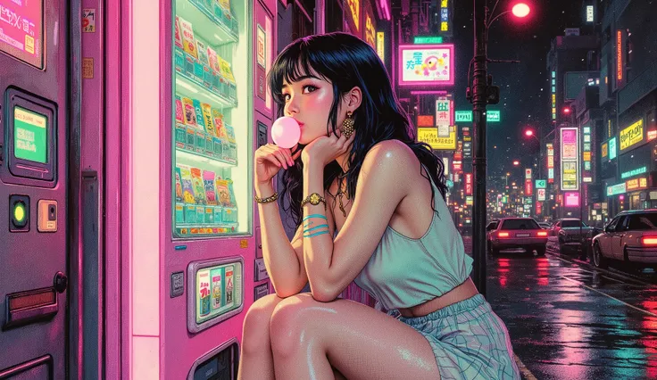 (vaporwave), High-saturation color 2D illustration, (best quality, 4k, 8k, highres, masterpiece:1.2), ultra-detailed, 1 cute asian girl blowing bubblegum while leaning on a glowing vending machine, (pastel neon pink and mint green palette:1.5), (glitch pix...