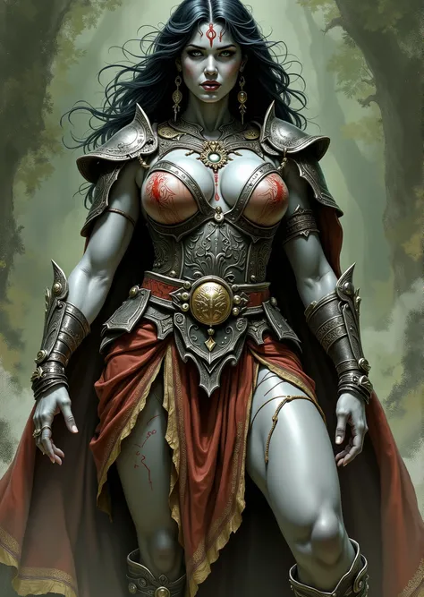 An extremely detailed comic book illustration of a stunningly beautiful extremely curvaceous grey skinned female Goliath from Dungeons and Dragons distant descendants of giants bearing the favors of the first giants that manifest in various supernatural bo...