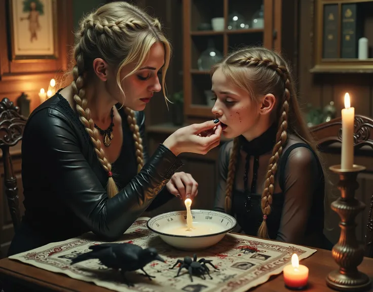 Swedish woman and a girl she is babysitting, at a kitchen table, traditional furnishings, woman is feeding the girl thick white vanilla yogurt, with her fingers and hands, the yogurt is poring down the girl's chin and onto her blouse, girl is in a trance, ...