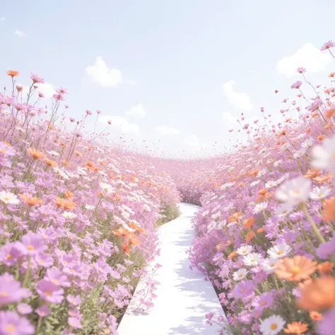 "White 배경.colorful small flowers bloom to create a flower path. The flowers are arranged from the bottom of the pink, Orange, White, It creates a bright and fantastic atmosphere with various colors such as yellow. The entire scene is dreamy and fairytale-l...
