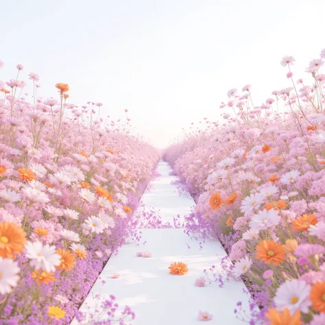 "White 배경.colorful small flowers bloom to create a flower path. The flowers are arranged from the bottom of the pink, Orange, White, It creates a bright and fantastic atmosphere with various colors such as yellow. The entire scene is dreamy and fairytale-l...