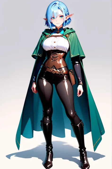 beautiful elf with stylish short blue hair, leather corset, leather pants, green cape, leather boots