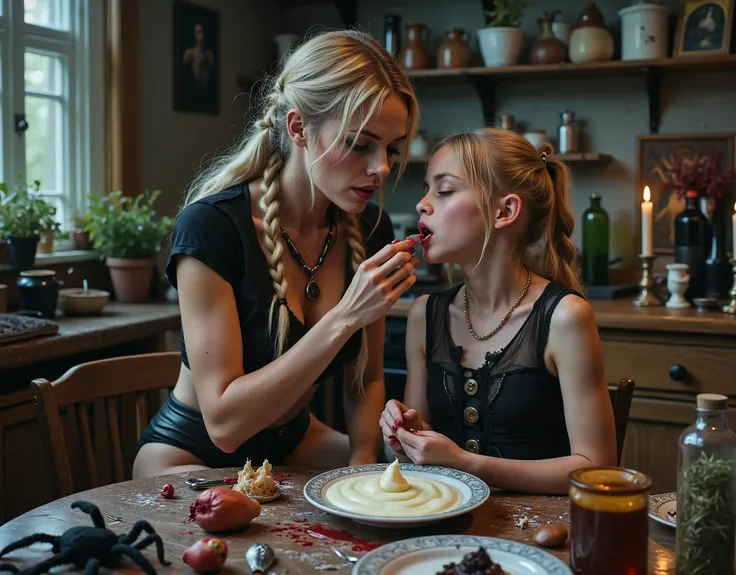 Swedish woman and a girl, at a kitchen table, traditional furnishings, woman is feeding the girl thick white vanilla yogurt, with her fingers and hands, the yogurt is poring down the girl's chin and onto her blouse, girl is in a trance, girl is wearing she...