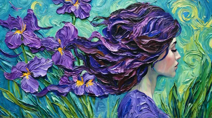 painting of a woman with purple flowers in her hair, Detailed oil painting, Detailed oil painting brushwork, oil painting impasto s, Affectionate irises, Impasto oil painting, detailed painting 4k , oil painting impasto , Thick coating of pigments, Thick p...