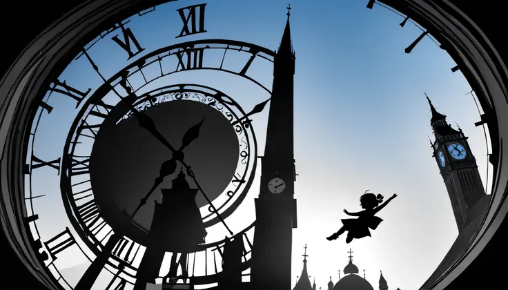 (( black and white artwork ))、((paper cut style )),high contrast、(8k, Highest Quality)、Ultra High Definition、 adorable by design、Highest Quality, beautiful, Absurd beauty、masterpiece、best image quality、(silhouette),Clock Tower and Girl&#39;s Theme、European...
