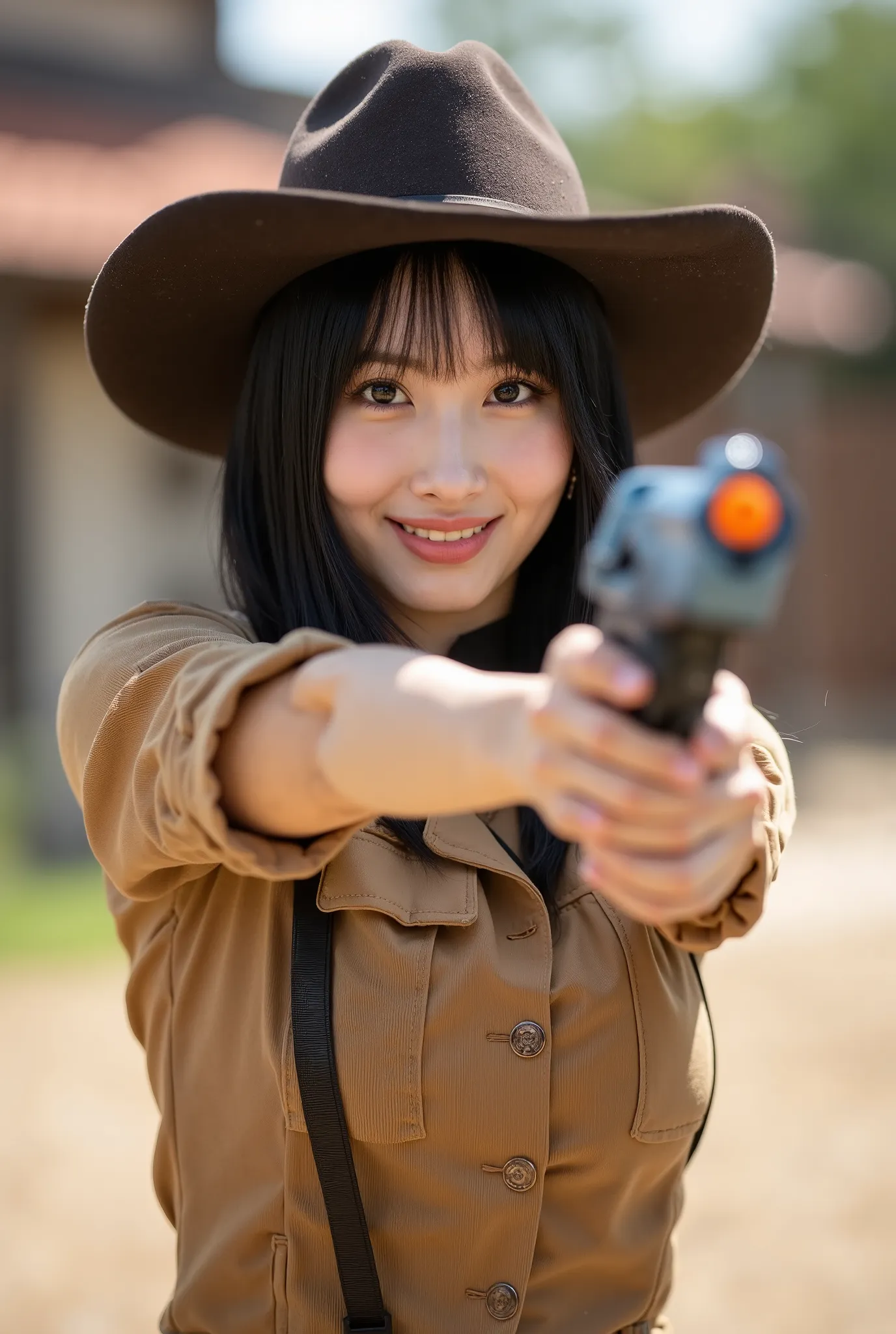Create a portrait of a stunning Japanese female singer with a slender figure, medium bust, and slim legs. She has medium-length hair and is dressed in a Western sheriff's outfit. Capture her smiling as she playfully aims a toy water gun with both hands, se...