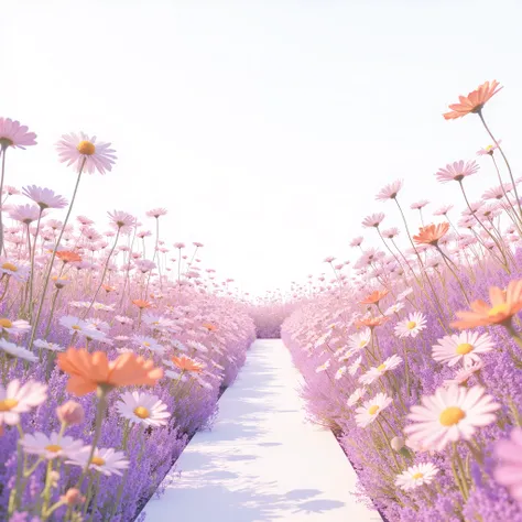 "White 배경.colorful small flowers bloom to create a flower path. The flowers are arranged from the bottom of the pink, Orange, White, It creates a bright and fantastic atmosphere with various colors such as yellow. The entire scene is dreamy and fairytale-l...