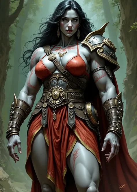 An extremely detailed comic book illustration of a stunningly beautiful extremely curvaceous grey skinned female Goliath from Dungeons and Dragons distant descendants of giants bearing the favors of the first giants that manifest in various supernatural bo...