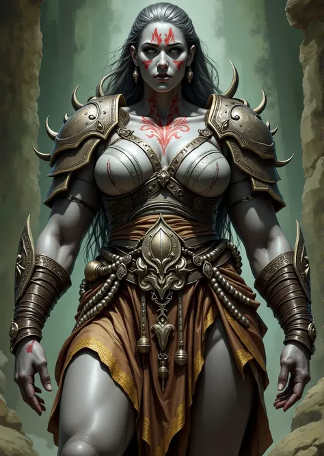 An extremely detailed comic book illustration of a stunningly beautiful extremely curvaceous grey skinned female Goliath from Dungeons and Dragons distant descendants of giants bearing the favors of the first giants that manifest in various supernatural bo...
