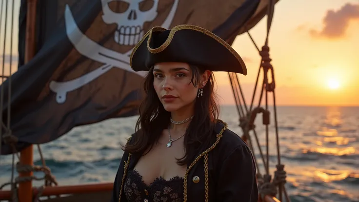 at dawn, a huge black pirate flag, decorated with a bright skull, flotte majestueusement dans une brise marine. A female pirate, mine et élancée avec des cheveux noirs, stands proudly on the deck of a ship, son regard déterminé captivant tous les regards. ...
