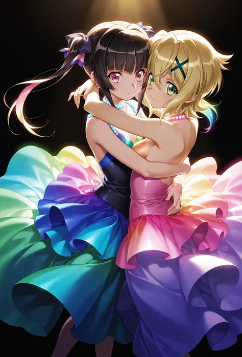 (( 2 girls)),symphogear,Akatsuki Kirika, Tsukuyomi Shirabe, black background,colorful, vibrant, Shining Contours ,neon,colorful,official art,viewer, ballroom dancing,Light Powder,neon hair,Rainbow gradient, film lighting,hug,BREAK
masterpiece, very aesthet...