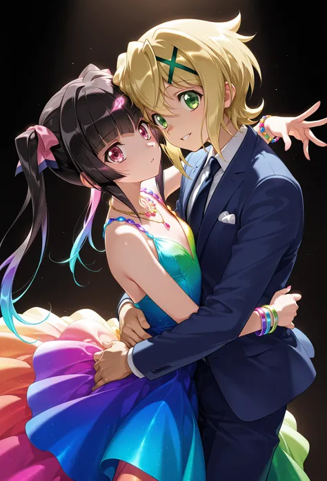 ( 2 girls),symphogear,(Akatsuki Kirika,man dressed in male clothing,Men's Suits, Young woman's body:1.2), (Tsukuyomi Shirabe,Jewelry necklaces , bracelets,Dance Dresses), black background,colorful, vibrant, Shining Contours ,neon,colorful,official art,view...