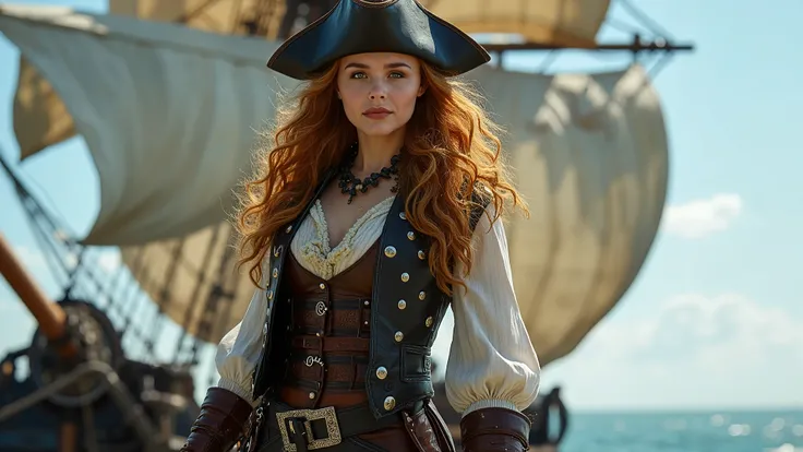 ((((big female pirate))), pirate hat), leather vest, chrome rivets, laces, open unbuttoned, leather pants, rapier sword etched swirls, wind, windy, long curly ginger hair, background pirate ship