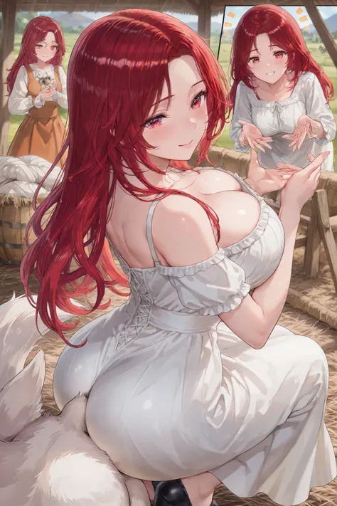 Full-bodied farm woman,Big breasts,thin waist,Buttocks,year old matured female,Flowing red hair,Eyes wrapped with bandages,expression Soft smile,wears a western fantasy farm costume,Full Chest,Point of view focused on chest,White fox dog crouched on top of...