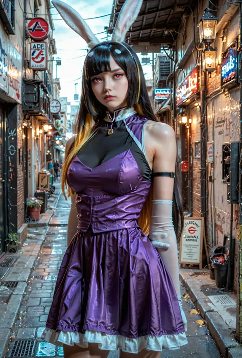 , high quality, 4k, 8k, HDR, ultra-detailed, photorealistic, vivid colors, dramatic lighting, cinematic, realistic,
 1girl, solo, baektodefault, rabbit ears, black hair, yellow hair, colored inner hair, blunt bangs, long hair, red eyes, ((huge breasts:0.5)...