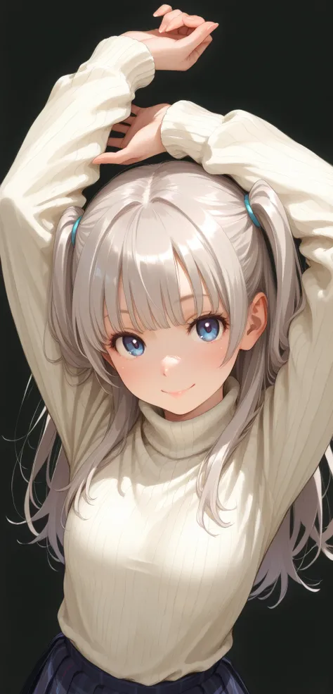 1 girl,looking at viewer, from above, upper body,natural relaxed pose,contrapposto pose,Stretching with arms raised, petite body, slender figure, small breasts, small frame, innocent smile, bright blue eyes, fair smooth skin, rosy cheeks, glossy lips, cute...