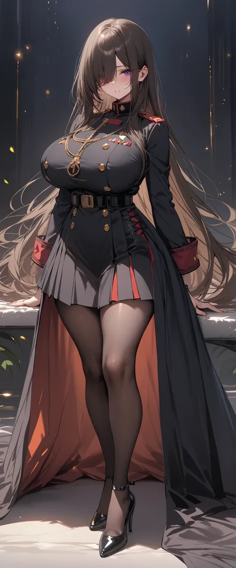 (masterpiece, Highest quality:1.2), (1girl), alone, ((long hair)), (dark brown hair)), (straight hair), ((hair over face)), (hair over one eye), (hair over right eye), (), (purple eyes), ((detailed eyes)), high detail, bloom, ((detailed face)), ((huge brea...