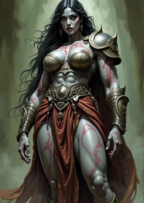 An extremely detailed comic book illustration of a stunningly beautiful extremely curvaceous grey skinned female Goliath from Dungeons and Dragons distant descendants of giants bearing the favors of the first giants that manifest in various supernatural bo...