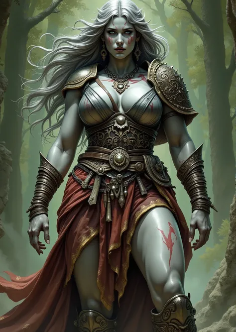 An extremely detailed comic book illustration of a stunningly beautiful extremely curvaceous grey skinned female Goliath from Dungeons and Dragons distant descendants of giants bearing the favors of the first giants that manifest in various supernatural bo...
