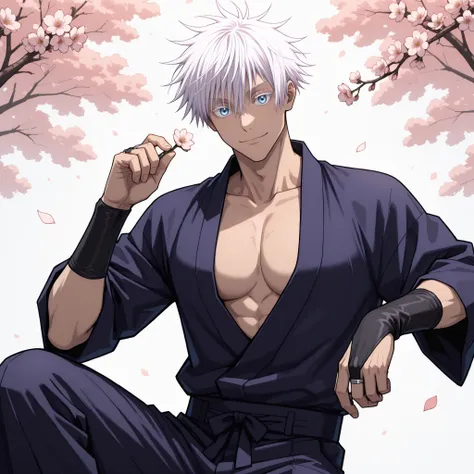 1boy, gojou satoru, jujutsu kaisen, short hair, hair between eyes, blue eyes, muscular, handsome, sexy man, white hair, cool,solo, looking at viewer, holding, closed mouth, sitting,  male focus, flower, japanese clothes, pants, tassel, cherry blossoms, bri...