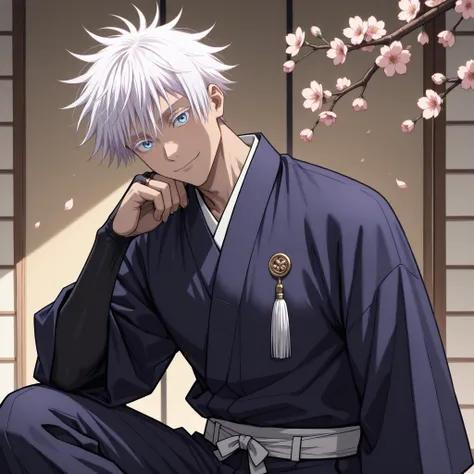 1boy, gojou satoru, jujutsu kaisen, short hair, hair between eyes, blue eyes, muscular, handsome, sexy man, white hair, cool,solo, looking at viewer, holding, closed mouth, sitting,  male focus, flower, japanese clothes, pants, tassel, cherry blossoms, bri...