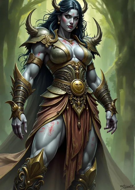 An extremely detailed comic book illustration of a stunningly beautiful extremely curvaceous grey skinned female Goliath from Dungeons and Dragons distant descendants of giants bearing the favors of the first giants that manifest in various supernatural bo...