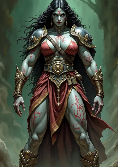 An extremely detailed comic book illustration of a stunningly beautiful extremely curvaceous grey skinned female Goliath from Dungeons and Dragons distant descendants of giants bearing the favors of the first giants that manifest in various supernatural bo...