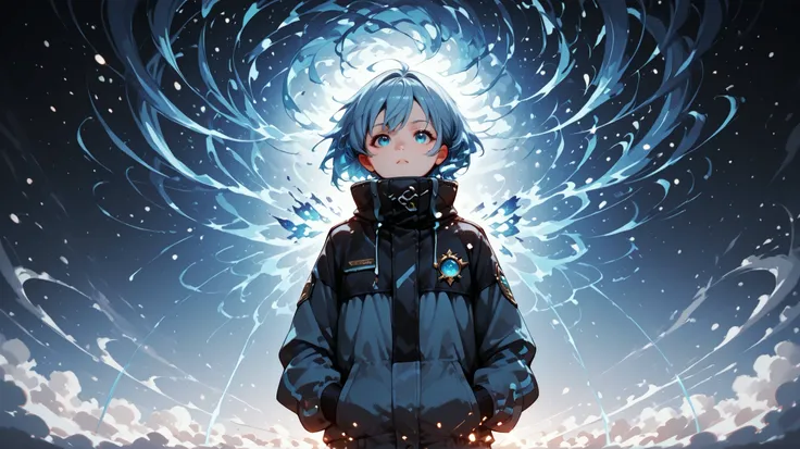 8k, 1 girl on break day, High Collar, beautiful, ( fractal art 1.8), puffy face, young people, blue hair, I put my hand in the , beautiful, dynamic,  visual impact , with hands in pockets, (Lens Wave 1.5)