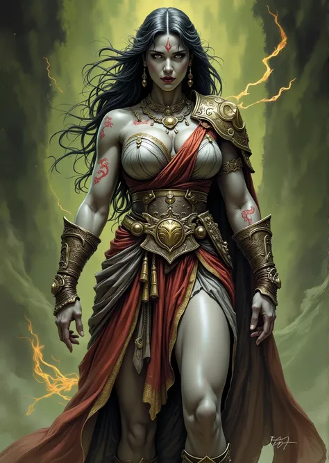 An extremely detailed comic book illustration of a stunningly beautiful extremely curvaceous grey skinned female Goliath from Dungeons and Dragons distant descendants of giants bearing the favors of the first giants that manifest in various supernatural bo...