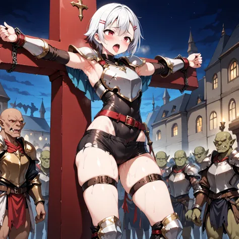 ((best quality)), ((masterpiece)), (detailed), Perfect face, SOLO, ((((femboy)))), TOMGIRL, ANIME, beautiful detailed eyes, bobbed hair, white hair, RED EYES, flushing, sweaty body, sweat, ((fantasy armor)), loser, ((Pauldrons)), (vambrace), bondage, ((thi...