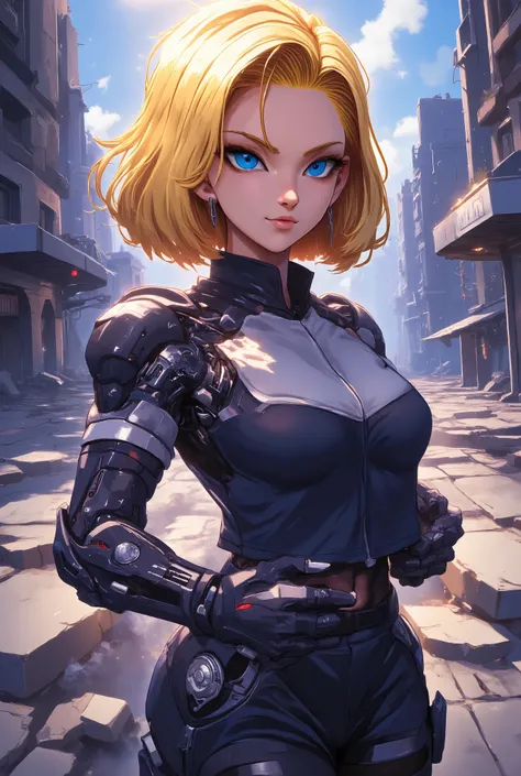 source_anime, score_9, score_8_up, score_7_up, anime screencap,
detailed face, android 18, supertop, 1girl, solo, looking at viewer, short hair, blue eyes, blonde hair, small breasts, collarbone, hoop earrings, city, street, collar up, track jacket, pink j...