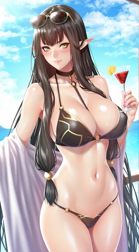 (zucchini-style), 1girl, semiramis_(fate), breasts, pointy_ears, long_hair, eyewear_on_head, swimsuit, bikini, solo, black_bikini, navel, sunglasses, yellow_eyes, o-ring, cup, very_long_hair, cleavage, large_breasts, looking_at_viewer, slit_pupils, sky, dr...