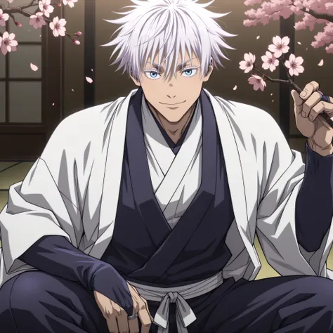 1boy, gojou satoru, jujutsu kaisen, short hair, hair between eyes, blue eyes, muscular, handsome, sexy man, white hair, cool,solo, looking at viewer, holding, closed mouth, sitting,  male focus, flower, japanese clothes, pants, tassel, cherry blossoms, bri...