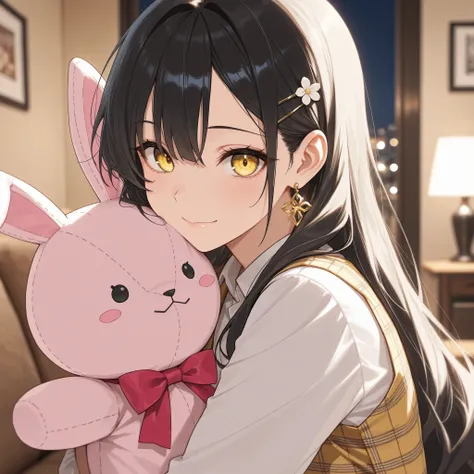 score_9, score_8_up, score_7_up, masterpiece, best quality, detailed face, 1 girl, solo, beautiful, modest chest, slender body, mature, light makeup, adorable, sharp eyes, closed mouth, gentle smile,
Very long hair, wavy black hair, side bangs, short tidy...